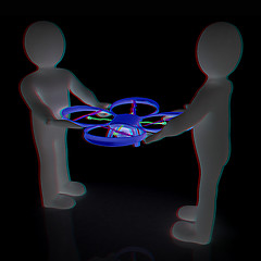 Image showing 3d man with drone, quadrocopter, with photo camera. 3d render. 3