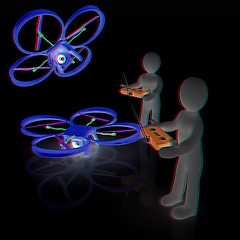 Image showing 3d man with drone, quadrocopter, with photo camera. 3d render. 3