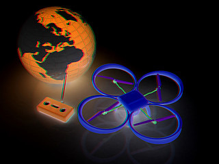 Image showing Quadrocopter Drone with Earth Globe and remote controller on a w