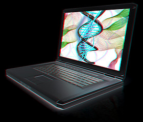 Image showing Laptop with dna medical model background on laptop screen. 3d il