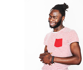 Image showing young handsome afro american boy stylish hipster gesturing emotional isolated on white background smiling, people lifestyle concept