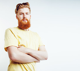 Image showing young handsome hipster bearded guy looking brutal isolated on white background, lifestyle people concept