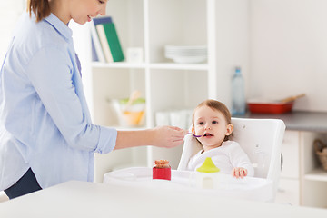 Image showing happy mother feeding baby with puree at home