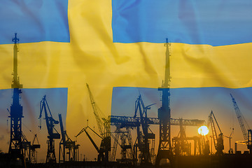 Image showing Industrial concept with Sweden flag at sunset