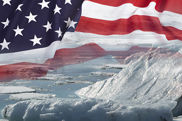 Image showing Melting glaciers with USA flag