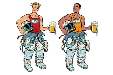 Image showing African and Caucasian cosmonaut with a beer