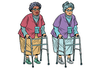 Image showing African and Caucasian old ladies with walker