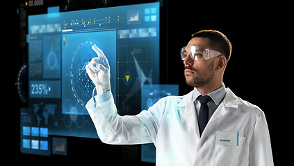 Image showing doctor or scientist in goggles with virtual screen