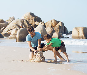 Image showing happy family on beach playing, father with son walking sea coast