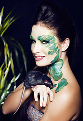 Image showing woman with creative make up like snake and rat in her hands, hal