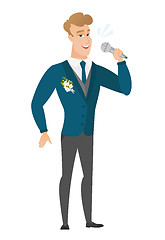 Image showing Caucasian groom singing to the microphone.