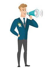 Image showing Caucasian groom talking into loudspeaker.