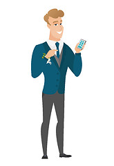 Image showing Caucasian groom holding a mobile phone.