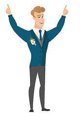 Image showing Groom standing with raised arms up.