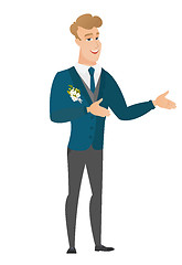Image showing Young caucasian happy groom gesturing.