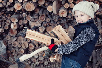 Image showing Little boy chopping firewood in the front yard at the day time.