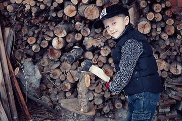 Image showing Little boy chopping firewood in the front yard at the day time.