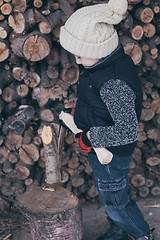 Image showing Little boy chopping firewood in the front yard at the day time.