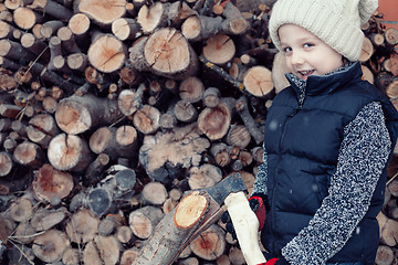 Image showing Little boy chopping firewood in the front yard at the day time.