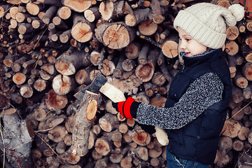 Image showing Little boy chopping firewood in the front yard at the day time.