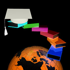 Image showing Earth of education with books around and graduation hat. Global 