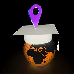 Image showing Geo pin with graduation hat on white. School sign, geolocation a