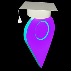 Image showing Geo pin with graduation hat on white. School sign, geolocation a