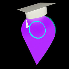 Image showing Geo pin with graduation hat on white. School sign, geolocation a