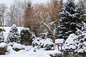 Image showing simple bird feeder, birdhouse in winter