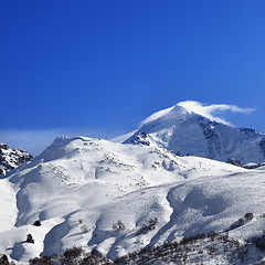 Image showing Mount Tetnuldi and off-piste slope with track from ski and snowb