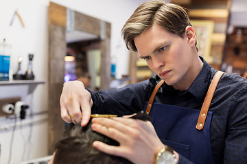 Image showing man and barber cutting hair at barbershop