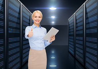 Image showing businesswoman with tablet pc over server room