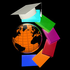 Image showing Earth of education with books around and graduation hat. Global 