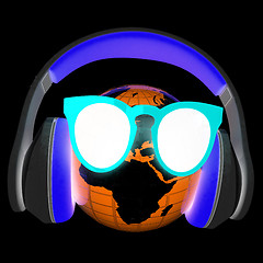 Image showing Earth planet with earphones and sunglasses. 3d illustration