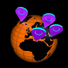 Image showing Planet Earth and map pins icon. Earth globe and colorful map lab