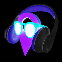 Image showing Glamour map pointer in sunglasses and headphones. 3d illustratio