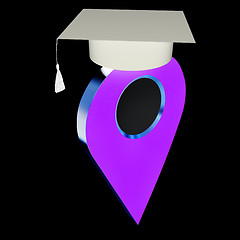 Image showing Geo pin with graduation hat on white. School sign, geolocation a