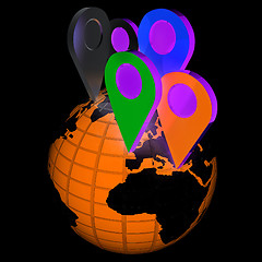 Image showing Planet Earth and map pins icon. Earth globe and colorful map lab