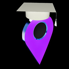 Image showing Geo pin with graduation hat on white. School sign, geolocation a