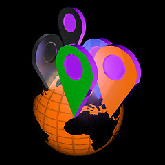 Image showing Planet Earth and map pins icon. Earth globe and colorful map lab