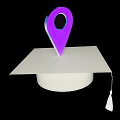 Image showing Geo pin with graduation hat on white. School sign, geolocation a