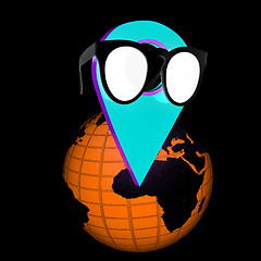 Image showing Glamour map pointer in sunglasses on Earth. 3d illustration