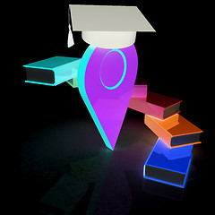 Image showing Pointer of education in graduation hat with books around. 3d ill