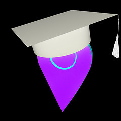 Image showing Geo pin with graduation hat on white. School sign, geolocation a