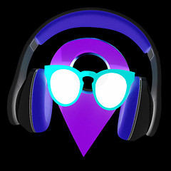 Image showing Glamour map pointer in sunglasses and headphones. 3d illustratio