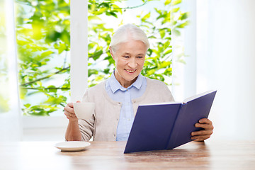 Image showing happy smiling senior woman reading book at home