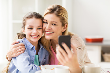 Image showing happy family taking selfie by smartphone at home