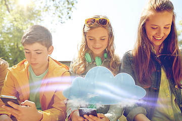 Image showing teenage friends with smartphone and headphones