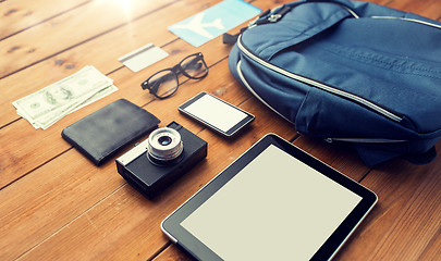 Image showing close up of smartphone and travel stuff