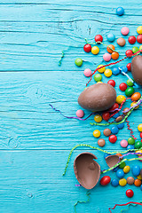 Image showing Image of chocolate eggs, ribbons